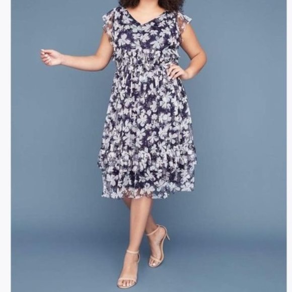 fit and flare mesh overlay ruffle hem dress